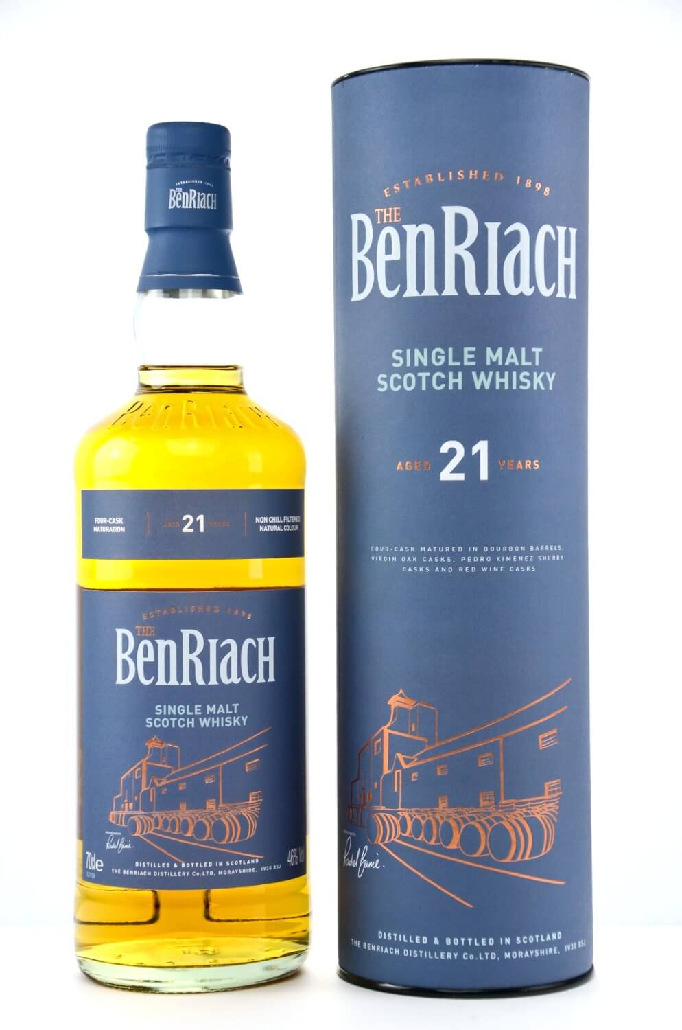 Flasche BenRiach 21 Jahre mit blauer Dose