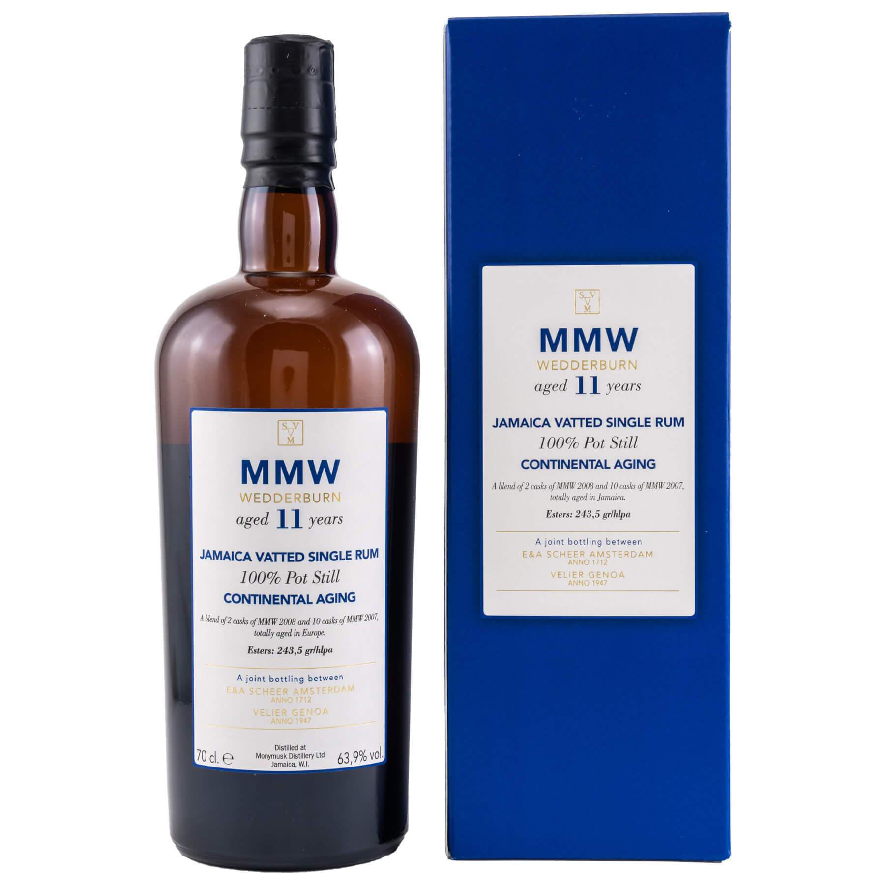 Flasche und rote Verpackung Monymusk MMW Wedderburn 11 Jahre Continental Aging Rum
