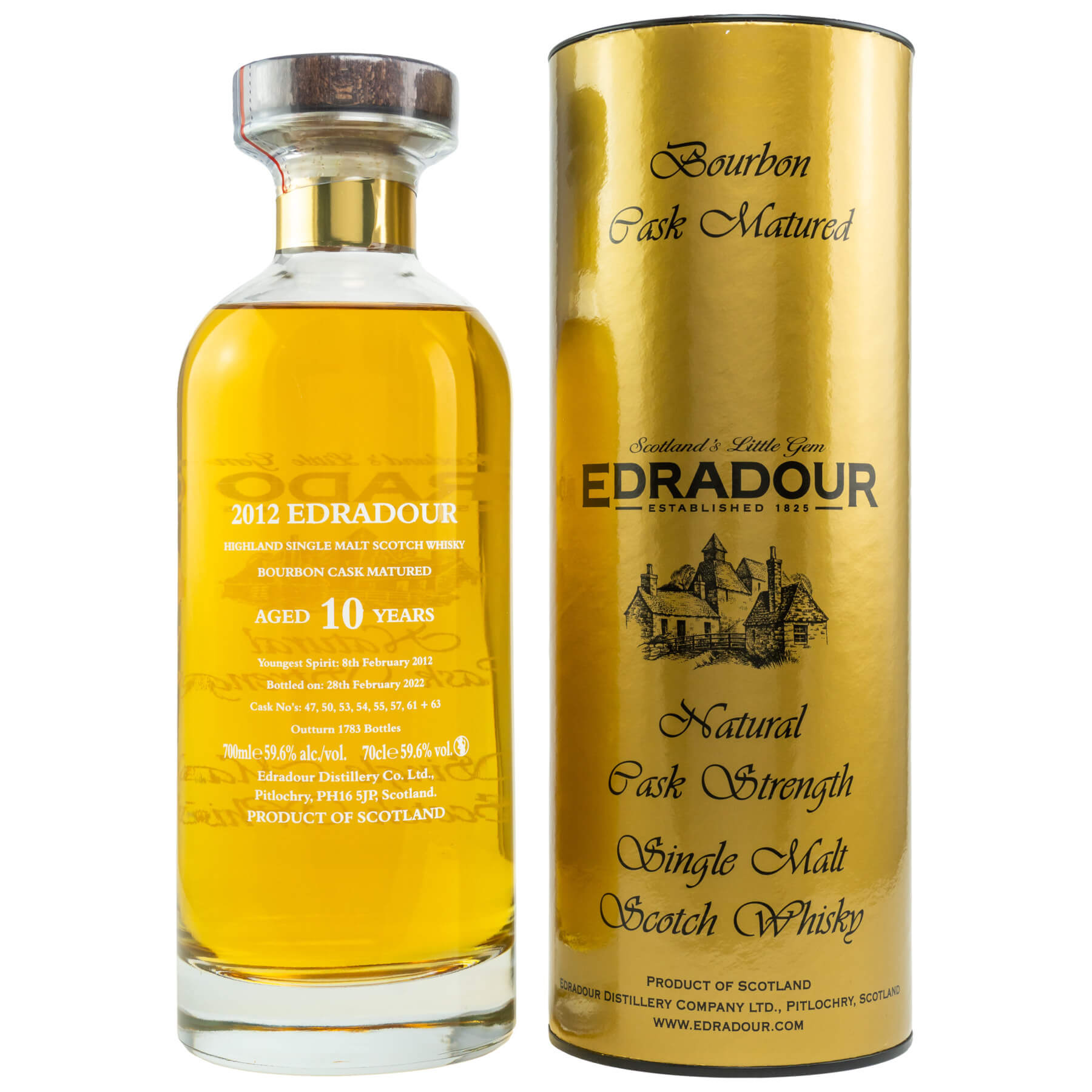Edradour 10 Jahre Natural Cask Strength Flasche und Tube Edradour 10 Jahre Natural Cask Strength