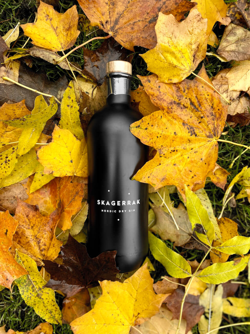 Flasche Skagerrak Gin auf Laub