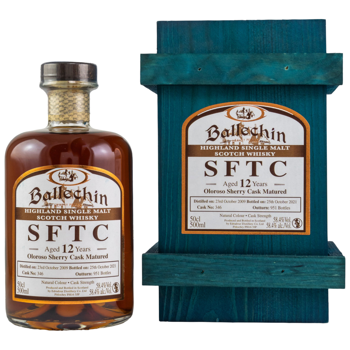 Flasche Ballechin Whisky mit güner Holzbox