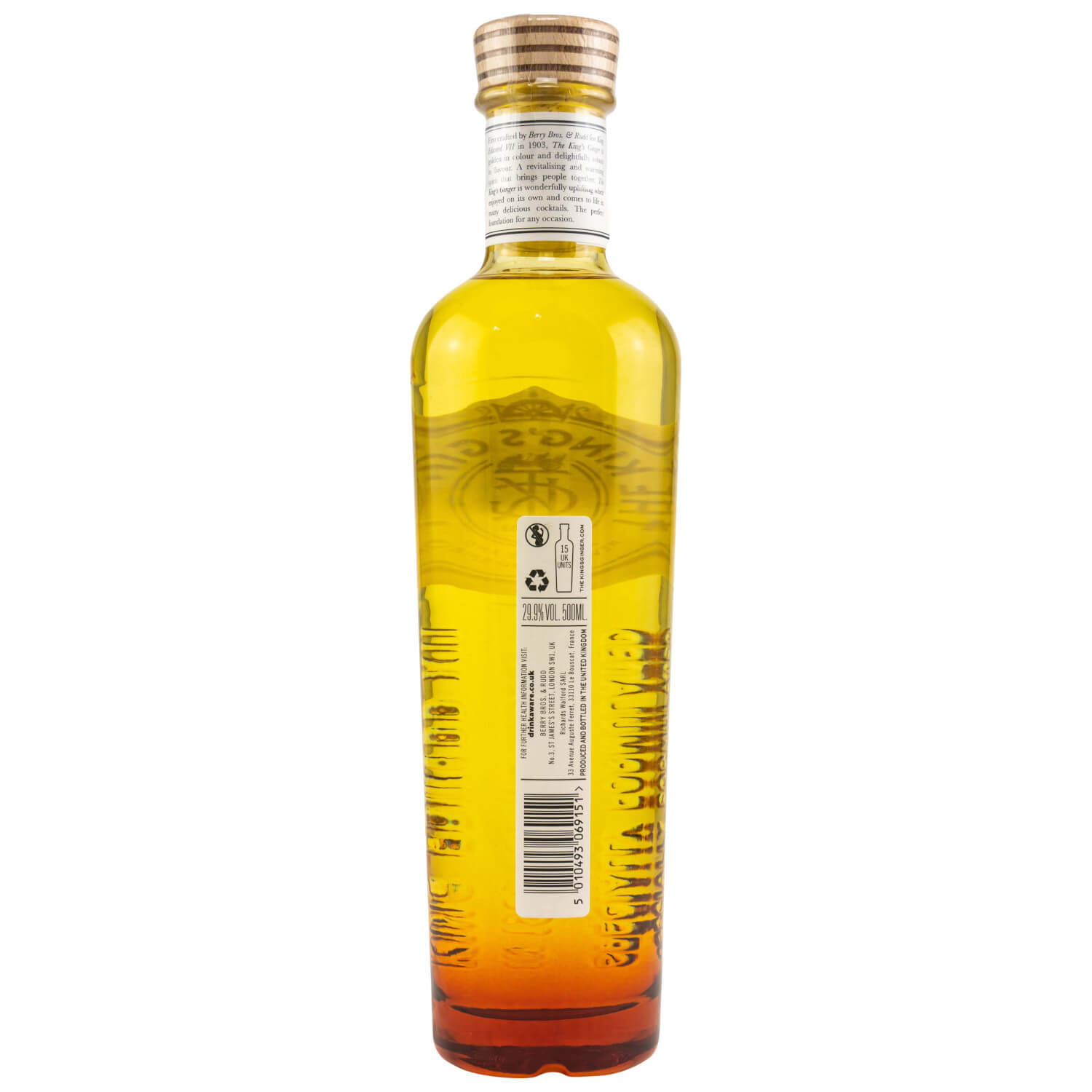 Flasche mit gelbem Kings Ginger Liqueur Rückseite