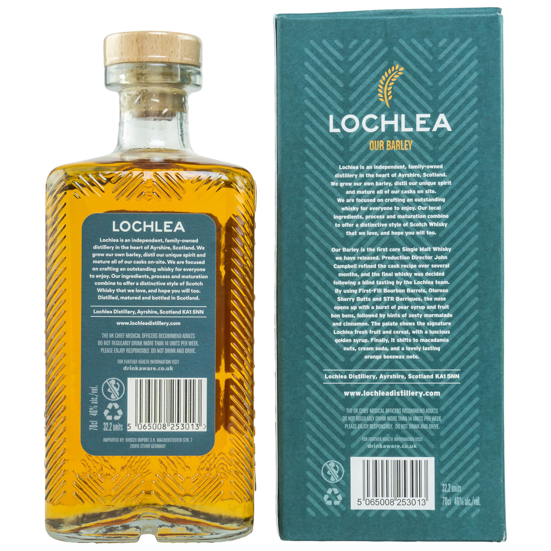 Eckige Flasche und Verpackung Lochlea Our Barley Whisky Rückseite