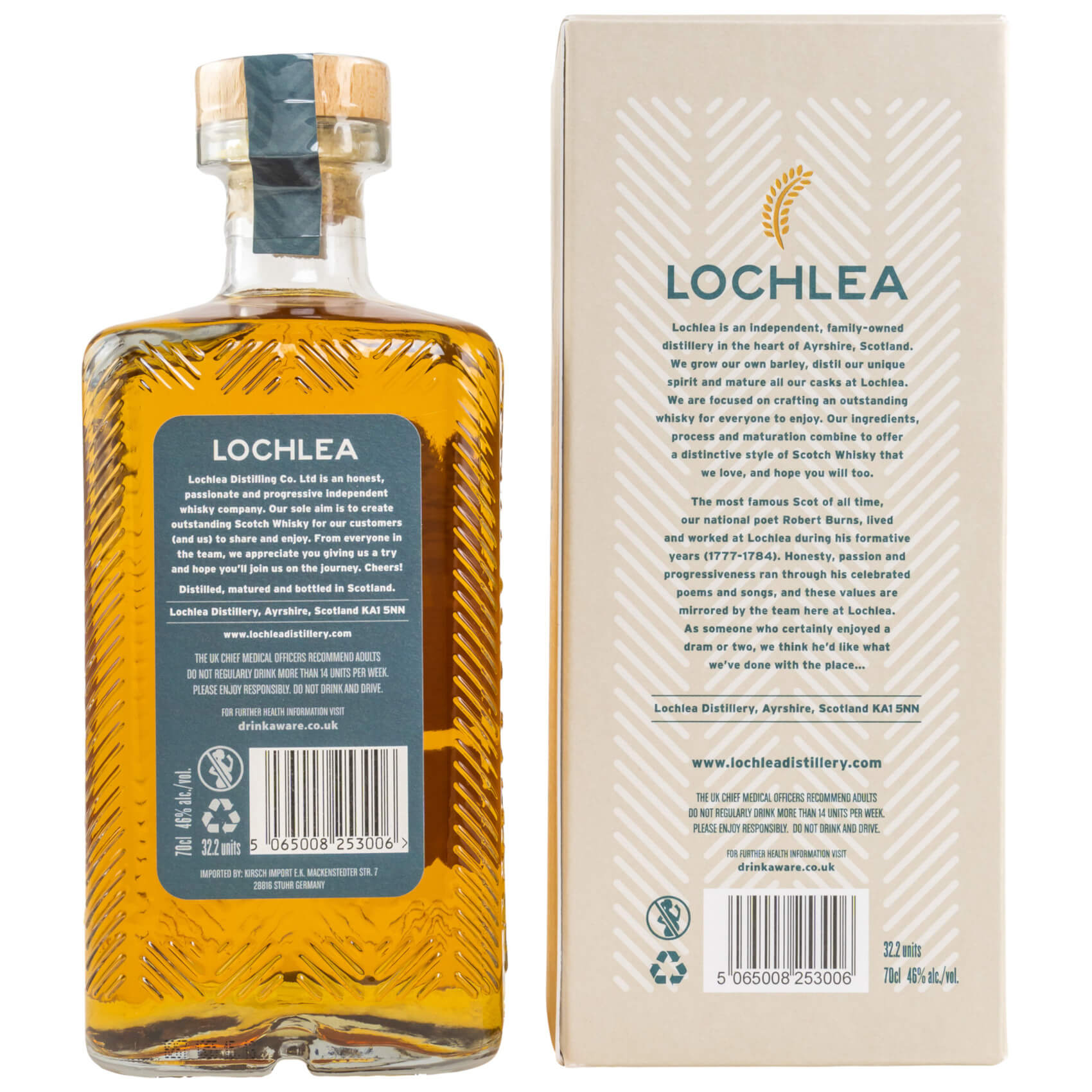 Lochlea Whisky rechteckige Flasche mit Verpackung Rückseite