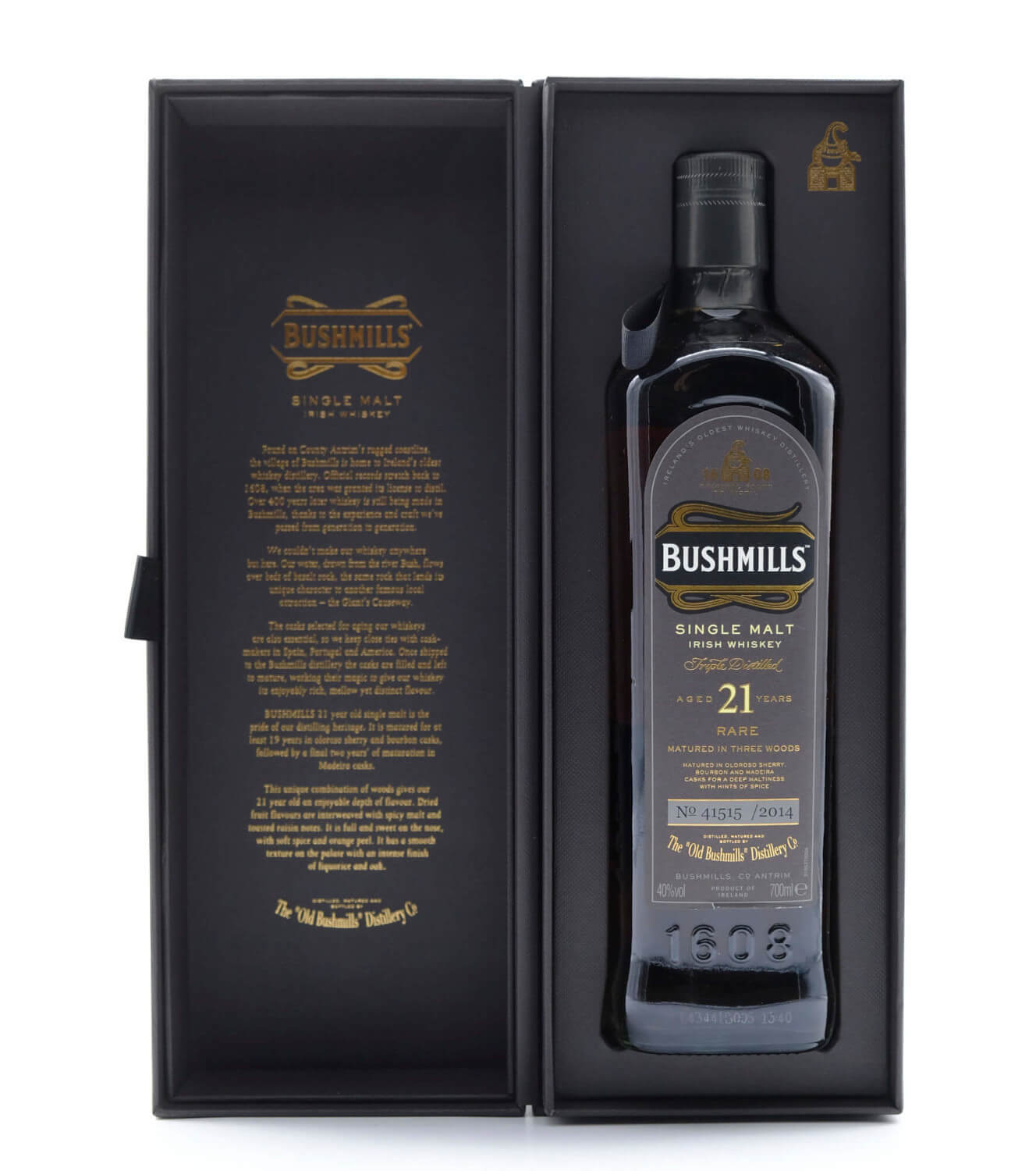 schwarze Verpackung mit Bushmills 21 Jahre Whisky 