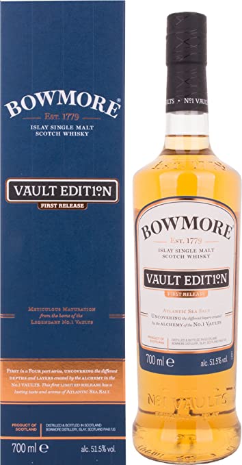 Flasche Bowmore Vault Edition  First Release mit blauer Verpackung