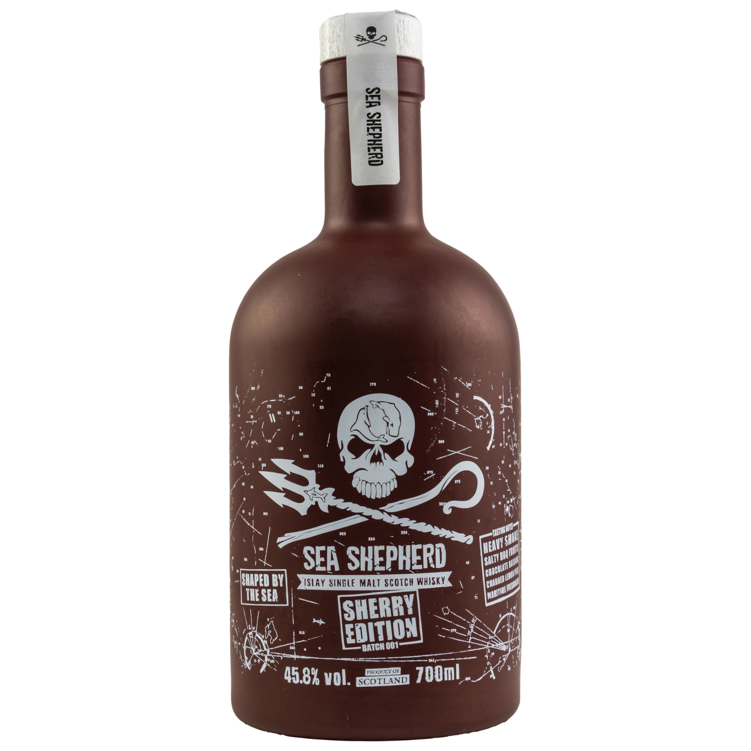 Sea Shepherd Sherry Edition rotbraune Flasche Islay Whisky mit weißer Schrift