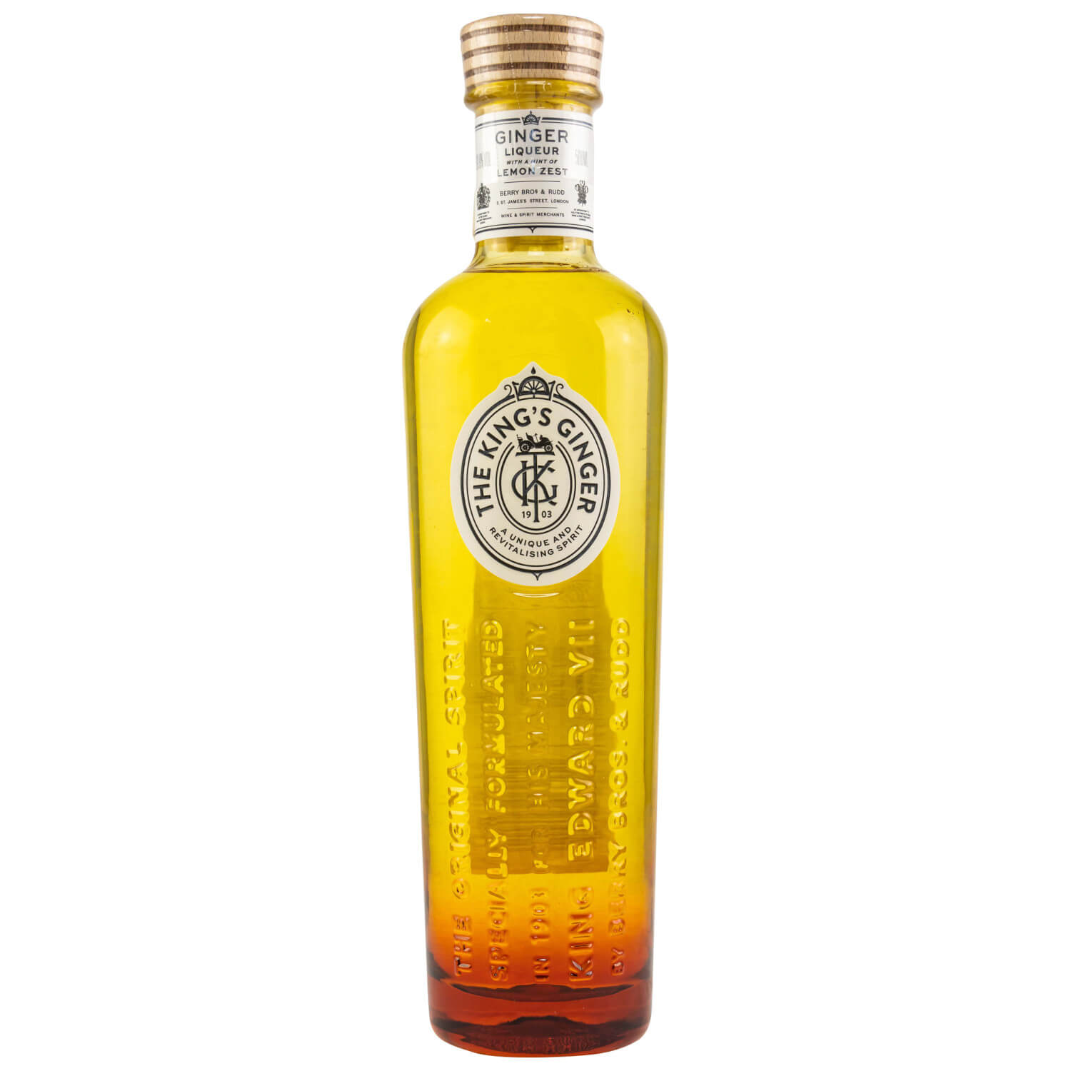 Flasche mit gelbem Kings Ginger Liqueur