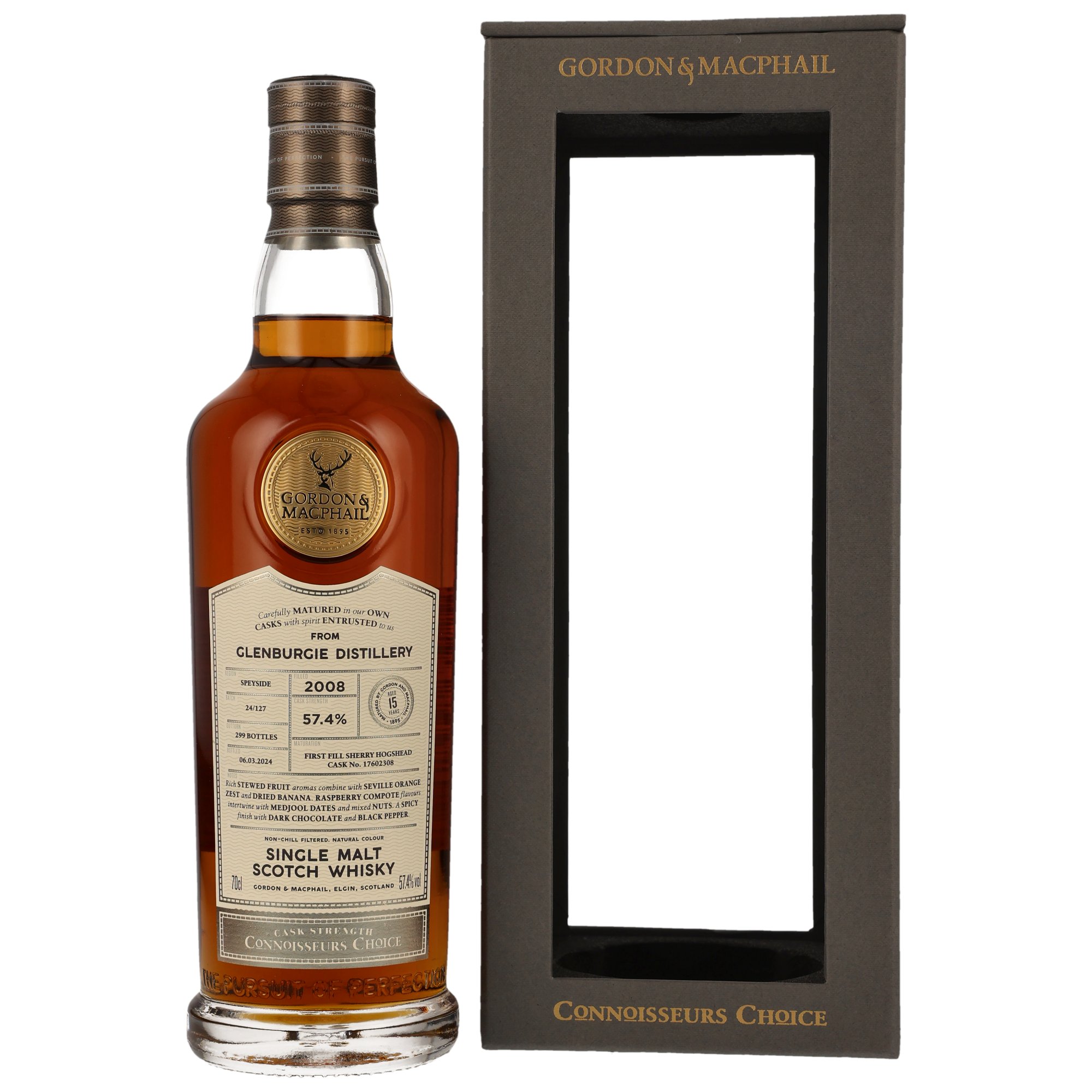 Glenburgie 2008/2024 - 15 Jahre Single First Fill Sherry Hogshead No. 17602308 Connoisseurs Choice (Gordon & MacPhail) Alkohol, Getränk, Whisky