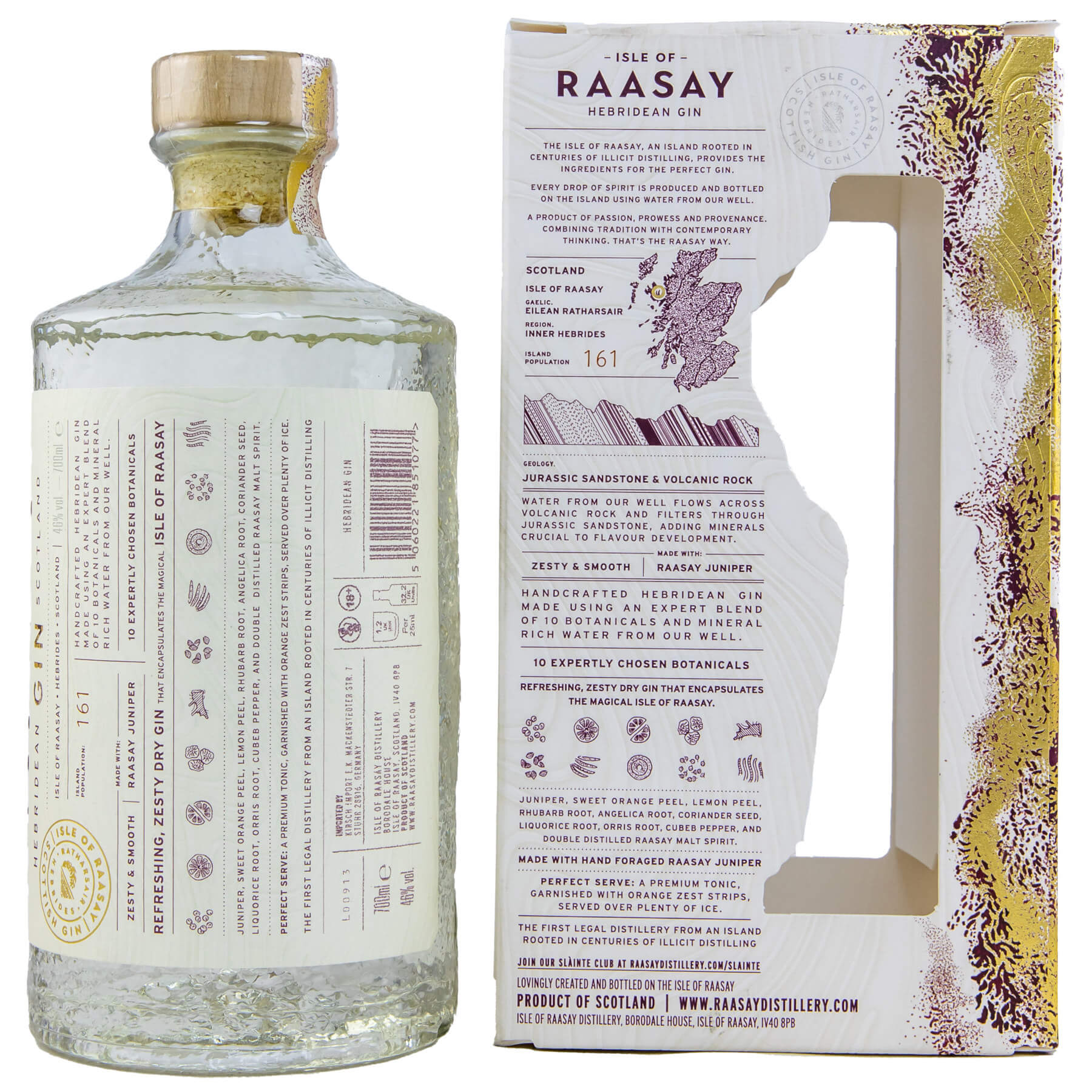 Flasche Raasay Gin mit Verpackung Rückseite