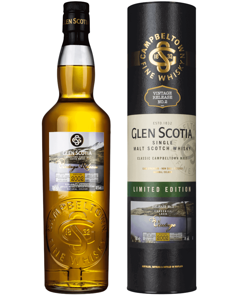 hellbraune Flasche Glen Scotia Vintage 2002 Crosshill Loch Whisky mit grüner Verpackung