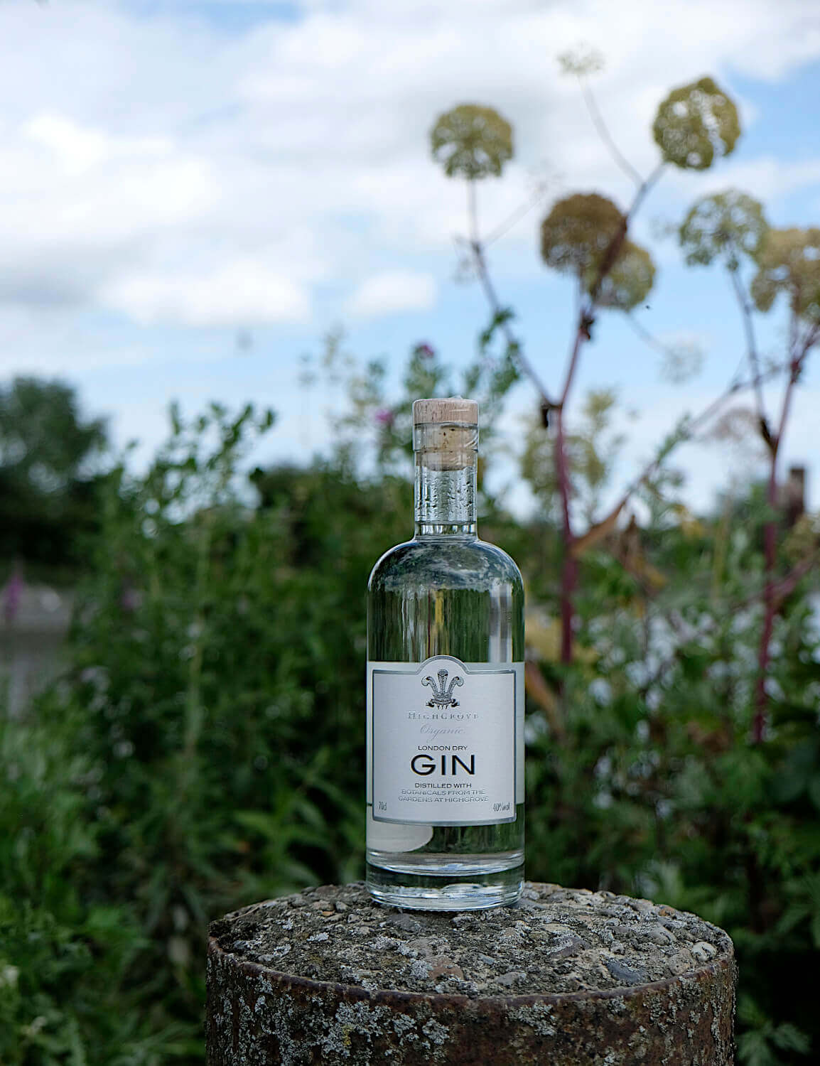 Highrove Gin auf einem Stein mit Kräutern und Gräsern im Hintergrund