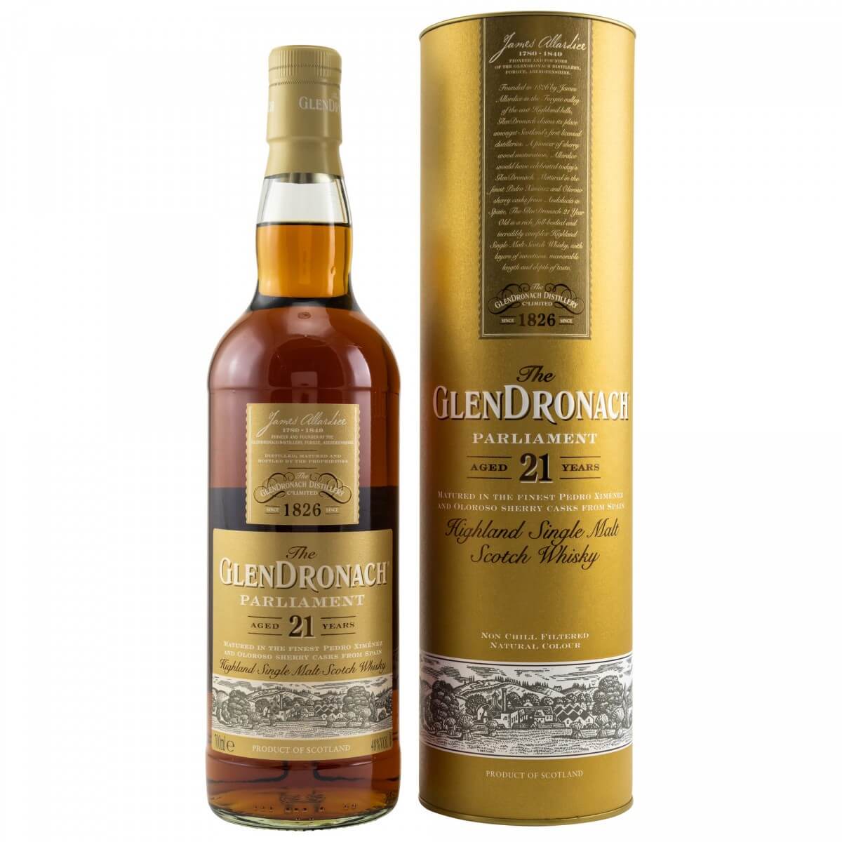 1 Flasche Glendronach 21 Jahre mit goldfarbener Tube