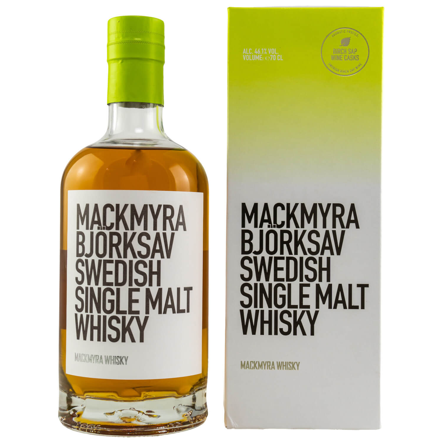 Flasche Mackmyra Björksav Whisky mit Verpackung Rückseite