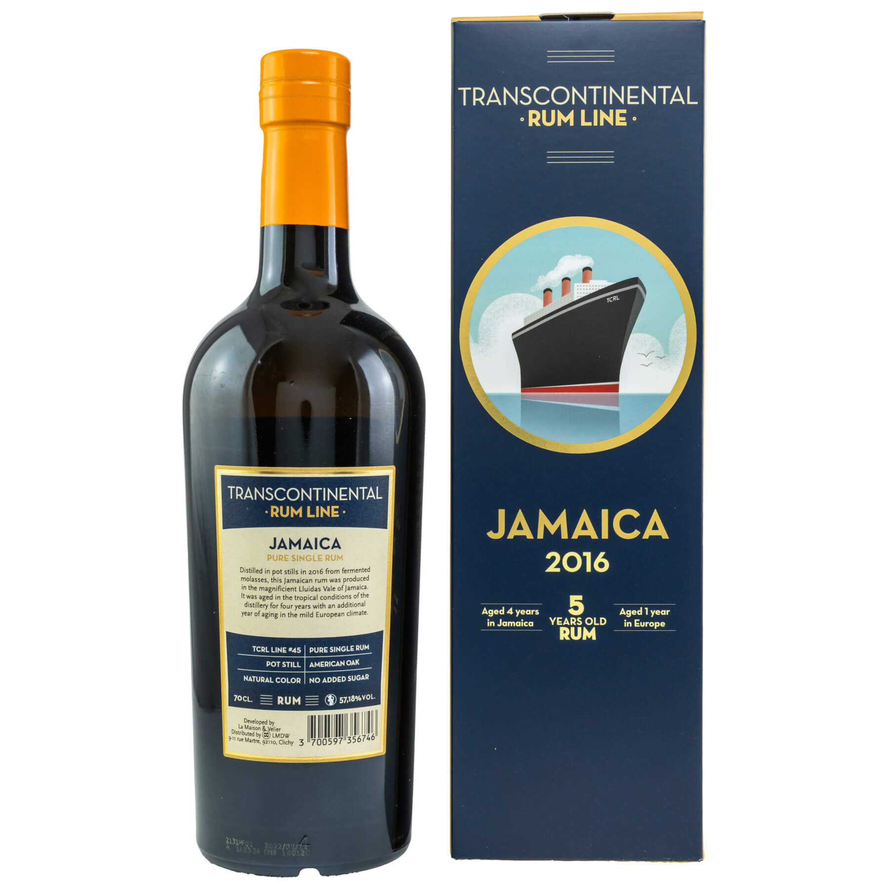 Flasche Transcontinental Rum Line Jamaica 2016 Rum Rückseite