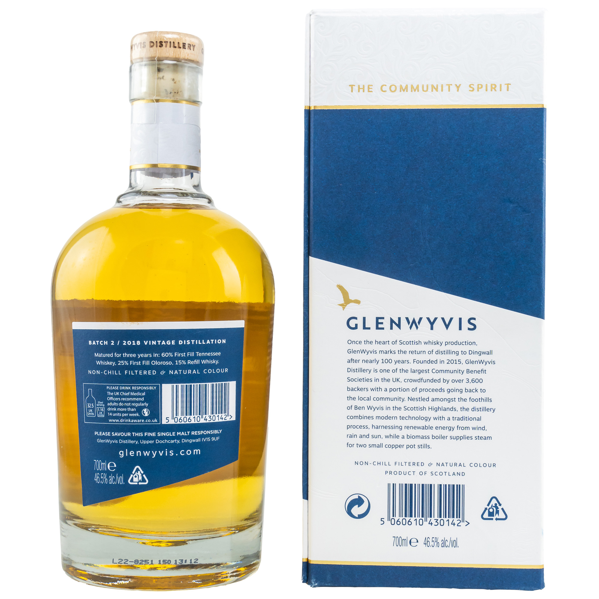 AlkFlasche Glenwyvis 2018 Vintage Whisky Rückseiteohol, Getränk, Schnaps