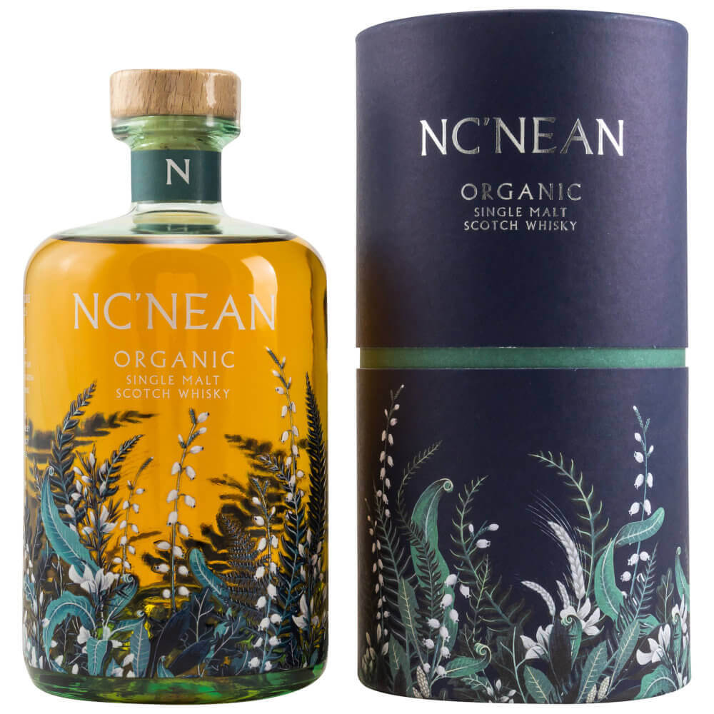 Bunte Flasche Nc'nean Organic Whisky mit blauer Tube