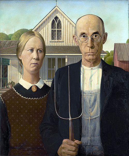 Amercan Gothic - Gemälde von Grant Wood American Gothic Gemälde von Grant Wood mit einem Farmerehepaar