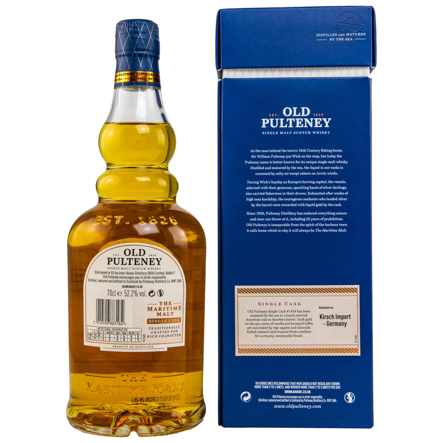 Flasche Old Pulteney 2006/2022 und blaue Verpackung Rückseite