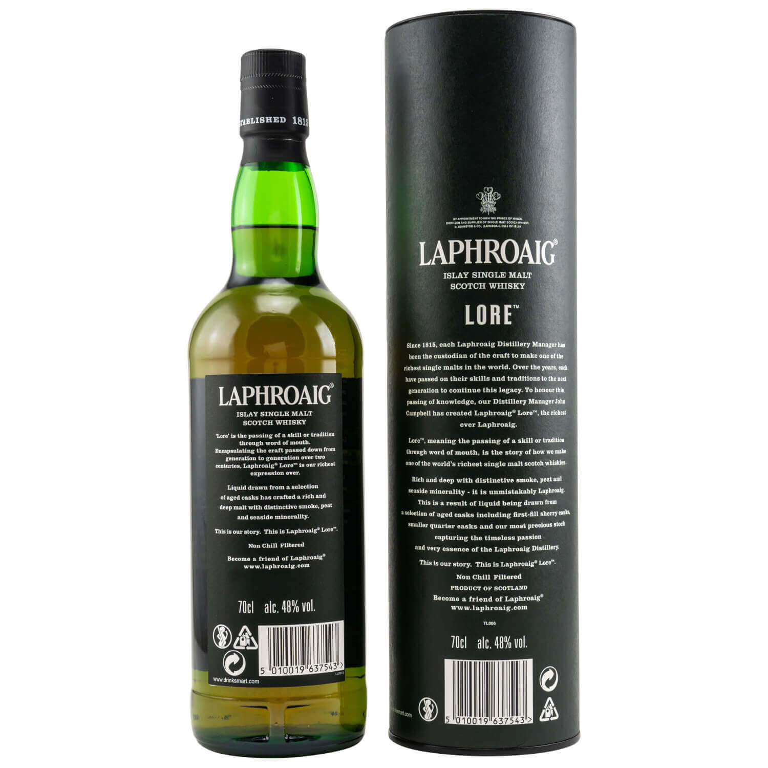 Laphroaig Lore Islay Whisky mit Tube Rückseite