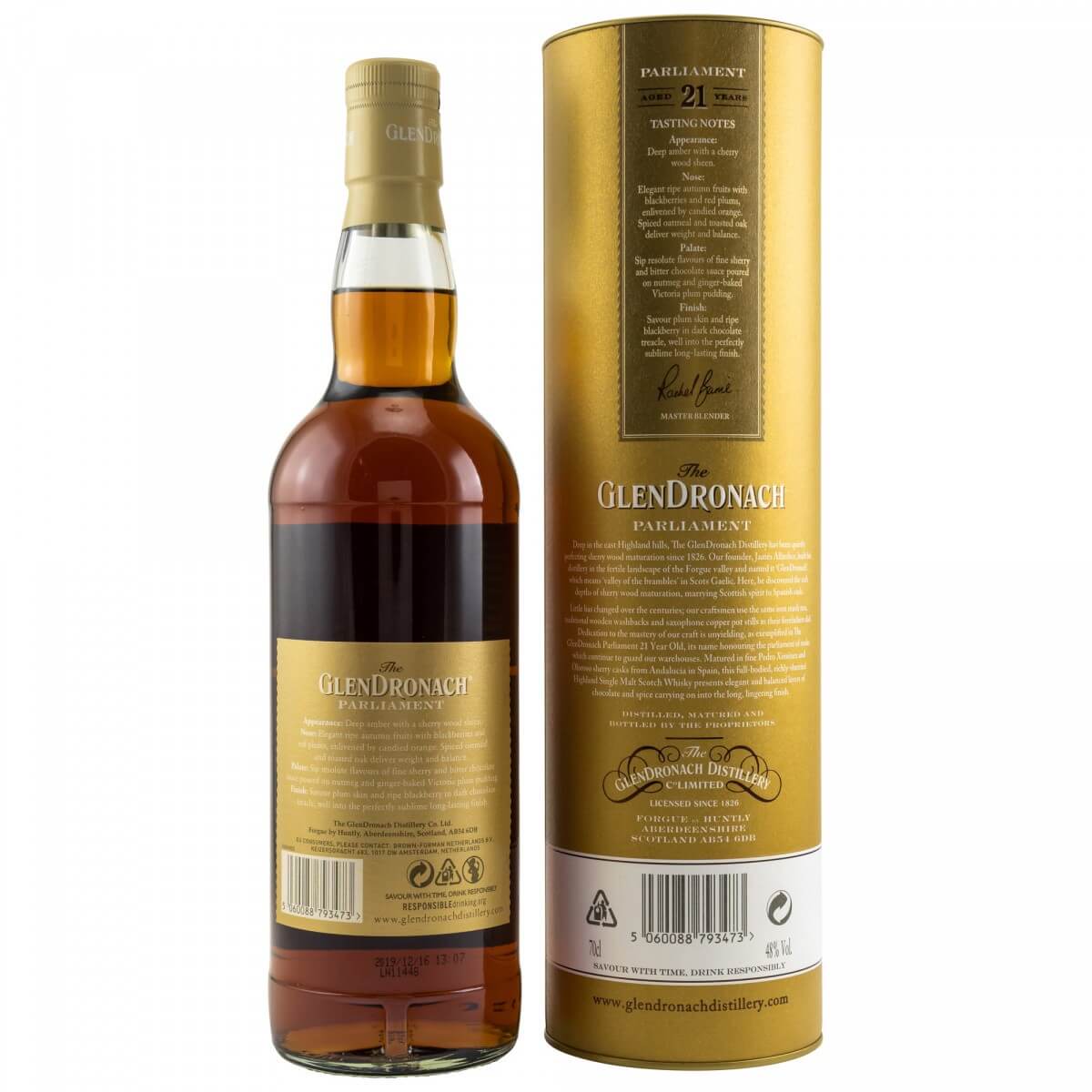 1 Flasche Glendronach 21 Jahre mit goldfarbener Tube Rückseite