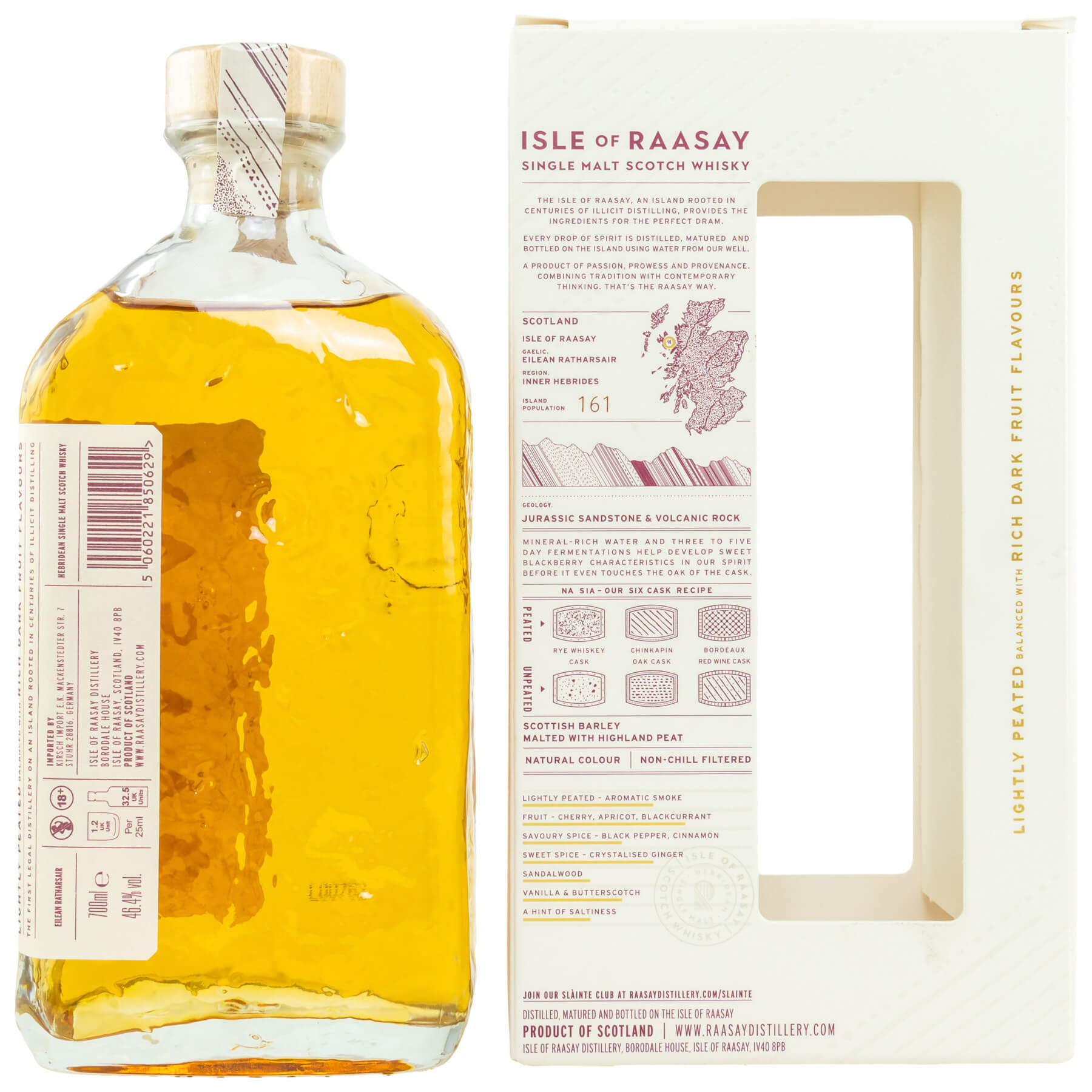 Flasche und Verpackung Isle of Raasay Single Malt Whisky Lightly Peated Batch R-01.1 Rückseite