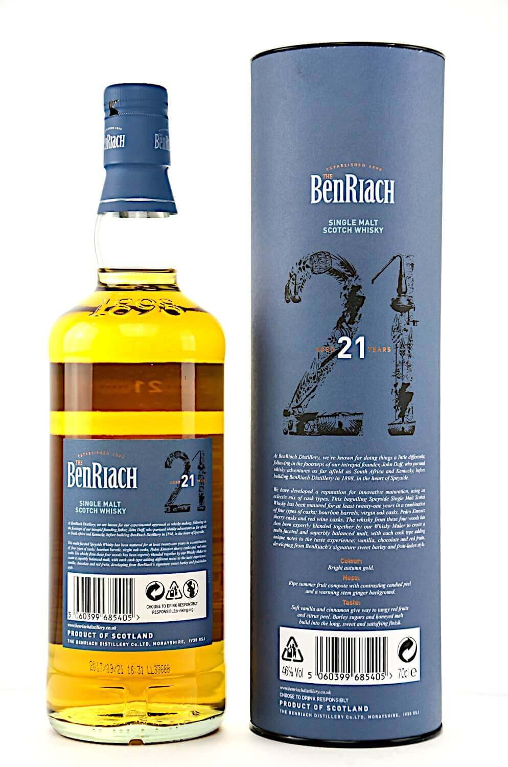 Flasche BenRiach 21 Jahre mit blauer Dose