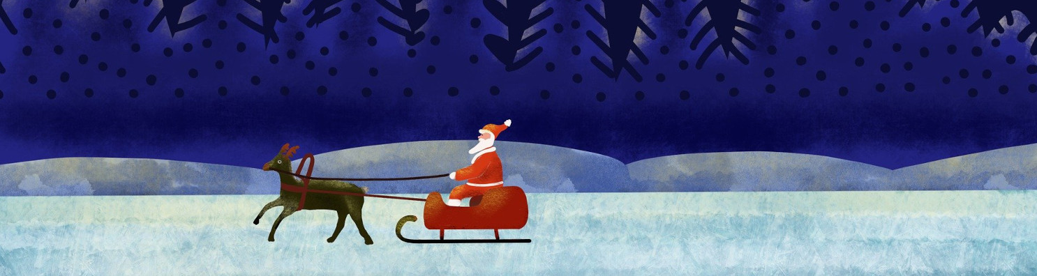 Bald ist Weihnachten Illustration Weihnachtsmann auf einem Schlitten mit 2 Rentieren
